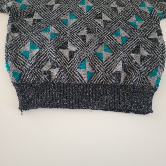 Vintage Expressions Geometric Acrylic Sweater Gray Turquoise Size Large EUC - Picture 6 of 11